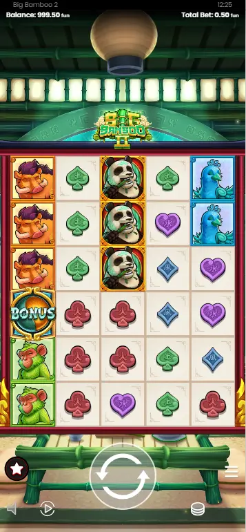 Big Bamboo 2 Basisspiel – vollständiges Rasterfeld mit Panda, Wildschwein, Affe und Mystery Bamboo Symbol