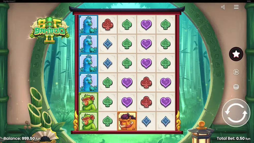 Big Bamboo 2 Basisspiel mit Panda, Wildschwein und Affe auf dem Rasterfeld