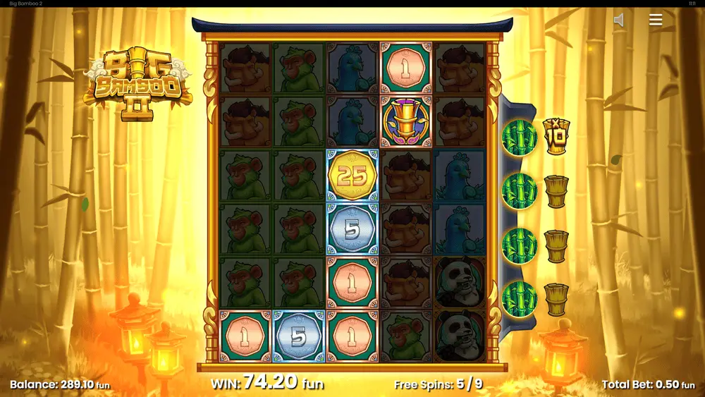Big Bamboo 2 Freispiele mit aktiven Persistent Frames verschiedener Levels und Low Symbol Meter